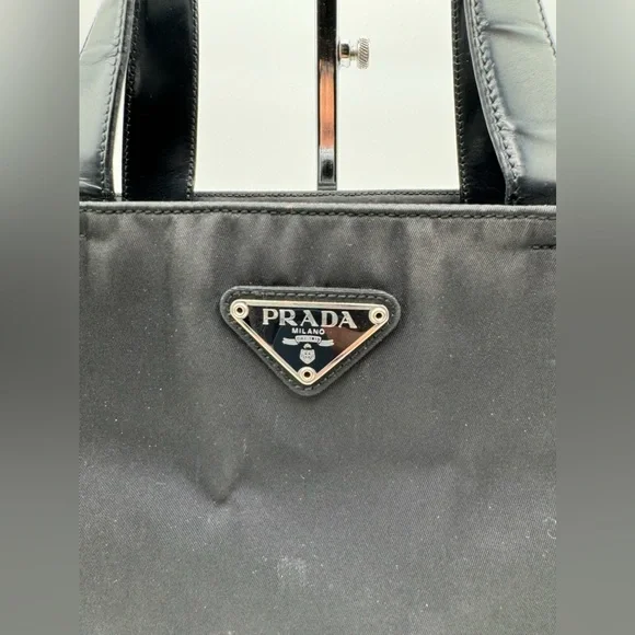 Prada - Authentic - Black Canvas & Leather Shoulder Bag with Metal Handles - Picture 2 of 16